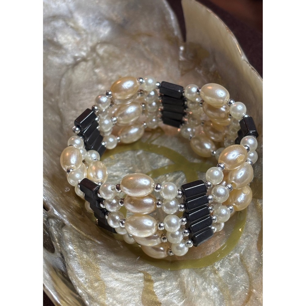 White Faux Pearl and Hematite magnetic wrap therapy Bracelet/Necklace